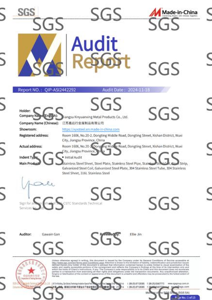 Chiny Jiangsu Xinyuanxing Metal Products Co.,Ltd Certyfikaty